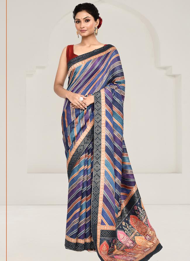 Tussar Silk Blue Casual Wear Kalamkari Work Saree